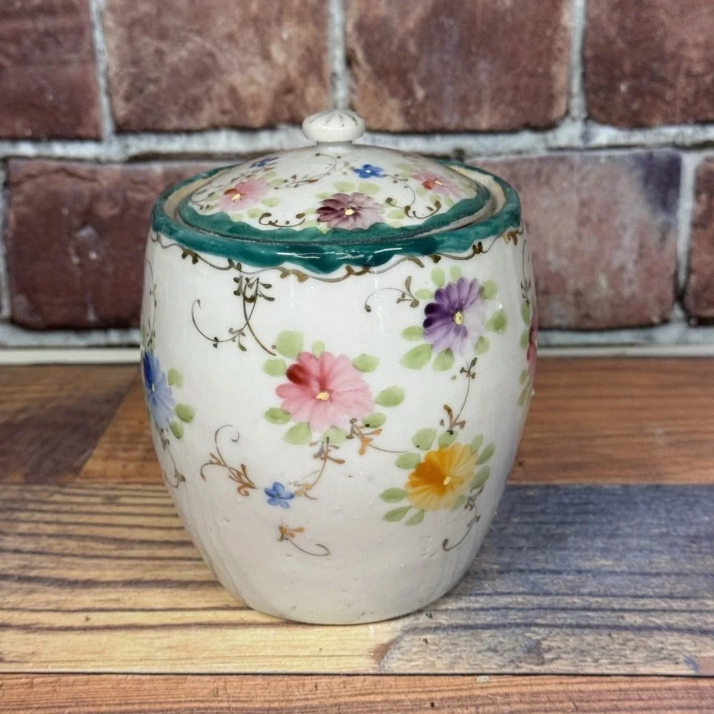 Antique Porcelain Biscuit/ Cookie Cracker Jar w Lid Floral‎ Hand-painted Kitschy